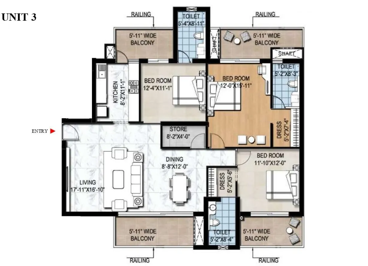 3 BHK + 3T + Store Floor Plan